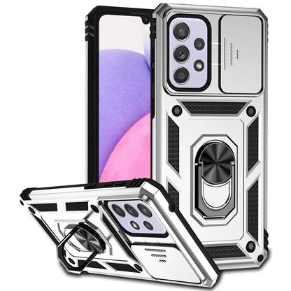 For Samsung Galaxy A33 5G Case Slide Camera Lid PC + TPU Phone Cover with Ring Kickstand