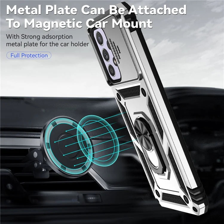 For Samsung Galaxy A33 5G Case Slide Camera Lid PC + TPU Phone Cover with Ring Kickstand