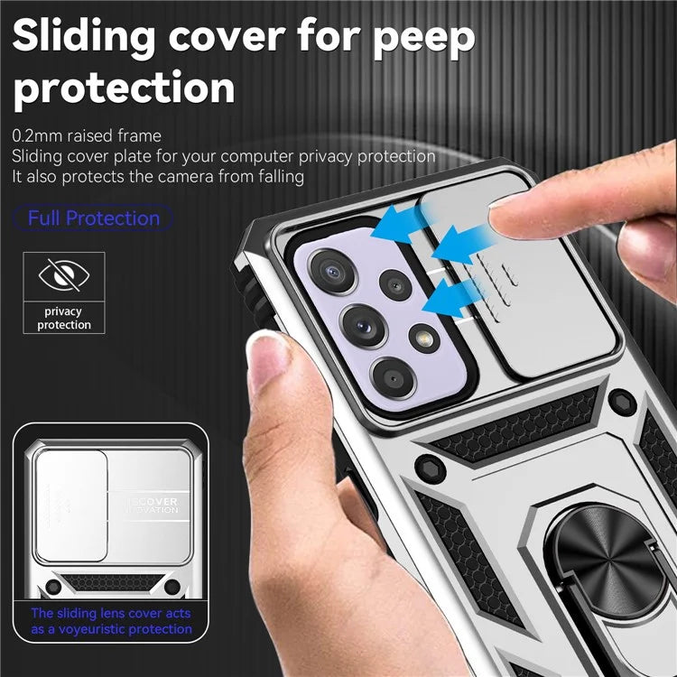 For Samsung Galaxy A33 5G Case Slide Camera Lid PC + TPU Phone Cover with Ring Kickstand