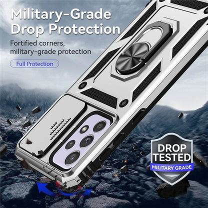 For Samsung Galaxy A33 5G Case Slide Camera Lid PC + TPU Phone Cover with Ring Kickstand
