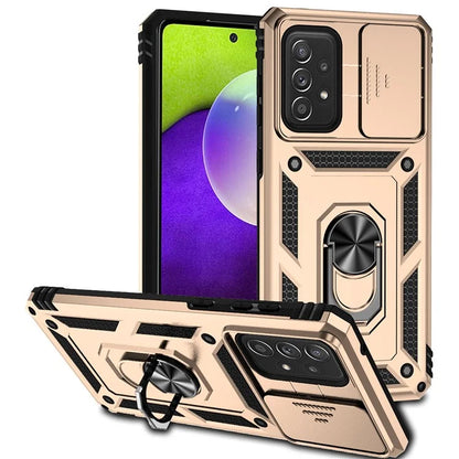 For Samsung Galaxy A73 5G Case Ring Kickstand PC+TPU Phone Cover with Slide Lens Lid