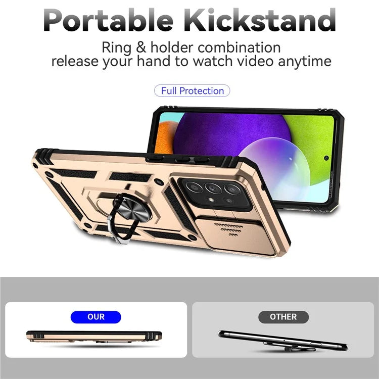 For Samsung Galaxy A73 5G Case Ring Kickstand PC+TPU Phone Cover with Slide Lens Lid