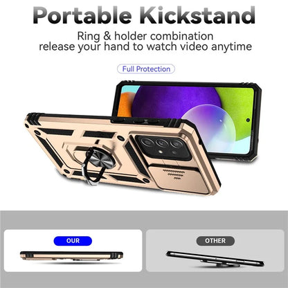 For Samsung Galaxy A73 5G Case Ring Kickstand PC+TPU Phone Cover with Slide Lens Lid