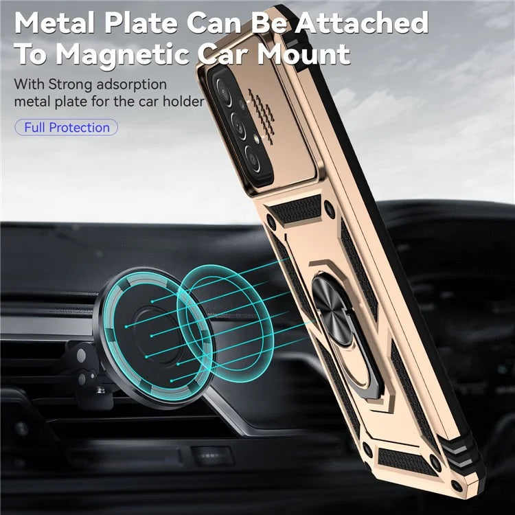 For Samsung Galaxy A73 5G Case Ring Kickstand PC+TPU Phone Cover with Slide Lens Lid