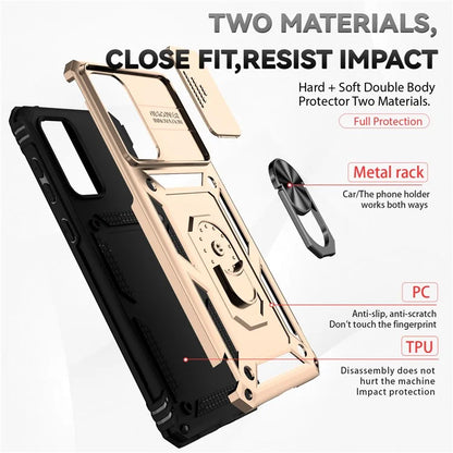 For Samsung Galaxy A73 5G Case Ring Kickstand PC+TPU Phone Cover with Slide Lens Lid