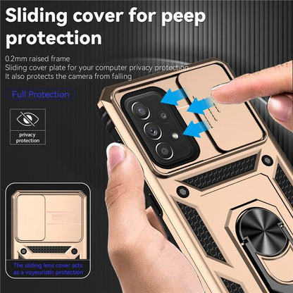 For Samsung Galaxy A73 5G Case Ring Kickstand PC+TPU Phone Cover with Slide Lens Lid