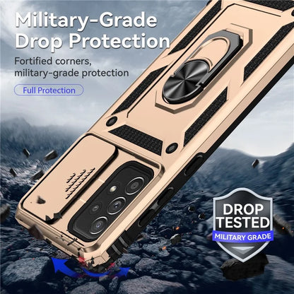 For Samsung Galaxy A73 5G Case Ring Kickstand PC+TPU Phone Cover with Slide Lens Lid