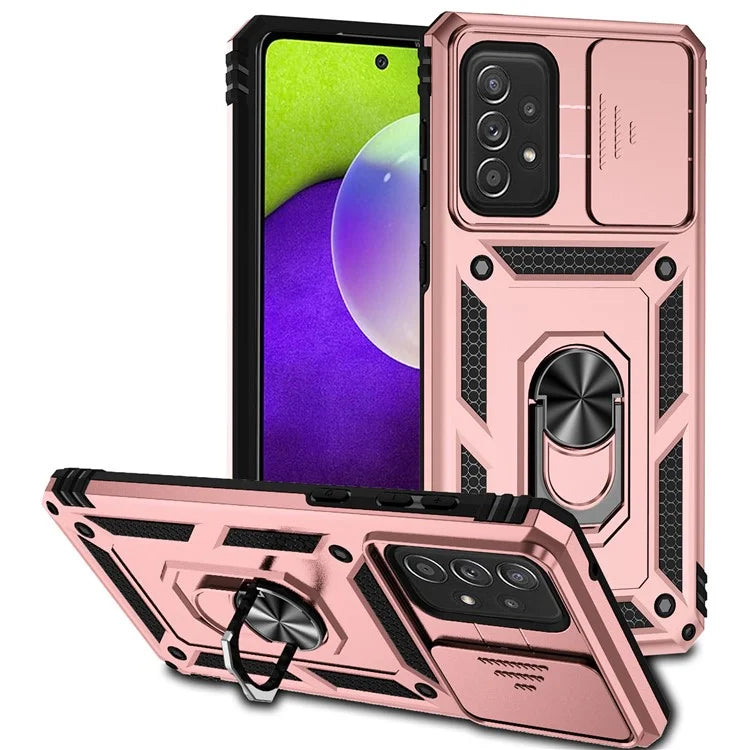 For Samsung Galaxy A73 5G Case Ring Kickstand PC+TPU Phone Cover with Slide Lens Lid