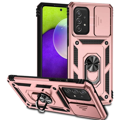 For Samsung Galaxy A73 5G Case Ring Kickstand PC+TPU Phone Cover with Slide Lens Lid