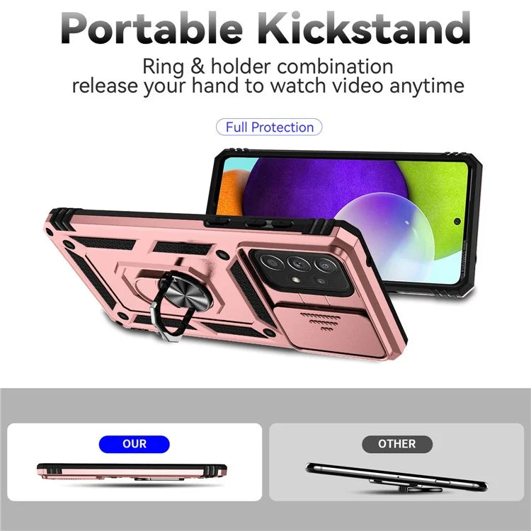 For Samsung Galaxy A73 5G Case Ring Kickstand PC+TPU Phone Cover with Slide Lens Lid
