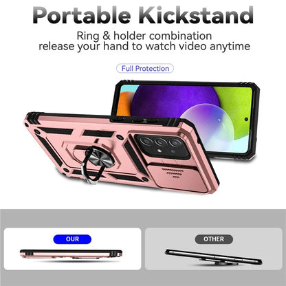 For Samsung Galaxy A73 5G Case Ring Kickstand PC+TPU Phone Cover with Slide Lens Lid