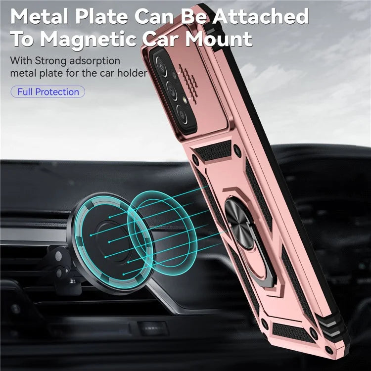 For Samsung Galaxy A73 5G Case Ring Kickstand PC+TPU Phone Cover with Slide Lens Lid