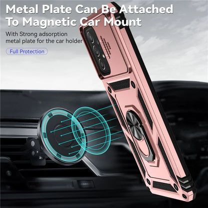 For Samsung Galaxy A73 5G Case Ring Kickstand PC+TPU Phone Cover with Slide Lens Lid