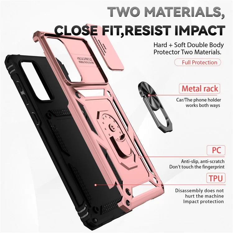 For Samsung Galaxy A73 5G Case Ring Kickstand PC+TPU Phone Cover with Slide Lens Lid