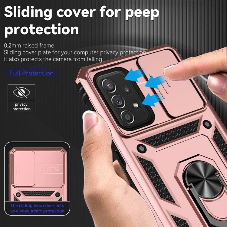 For Samsung Galaxy A73 5G Case Ring Kickstand PC+TPU Phone Cover with Slide Lens Lid