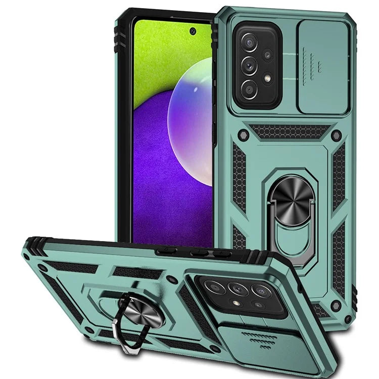 For Samsung Galaxy A73 5G Case Ring Kickstand PC+TPU Phone Cover with Slide Lens Lid