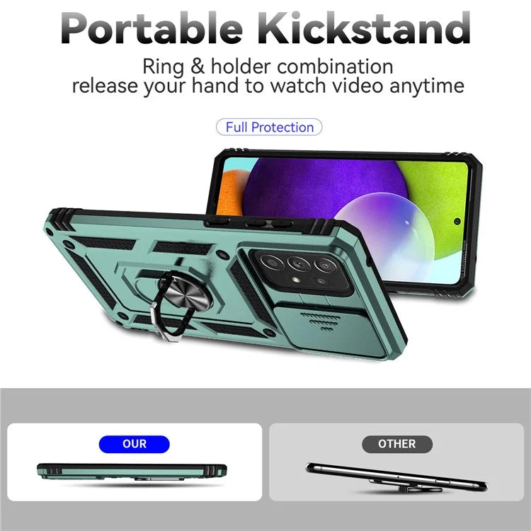 For Samsung Galaxy A73 5G Case Ring Kickstand PC+TPU Phone Cover with Slide Lens Lid