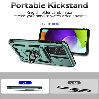 For Samsung Galaxy A73 5G Case Ring Kickstand PC+TPU Phone Cover with Slide Lens Lid