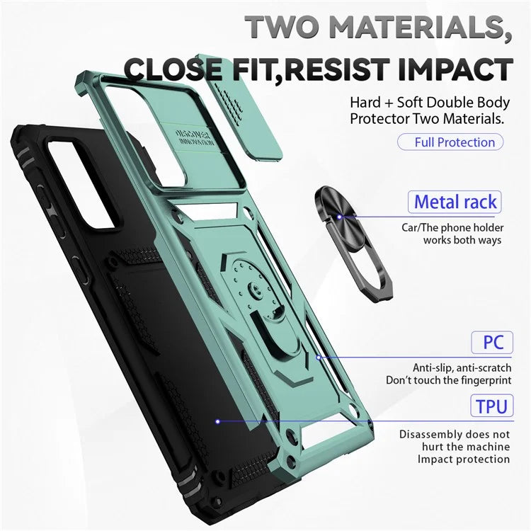 For Samsung Galaxy A73 5G Case Ring Kickstand PC+TPU Phone Cover with Slide Lens Lid