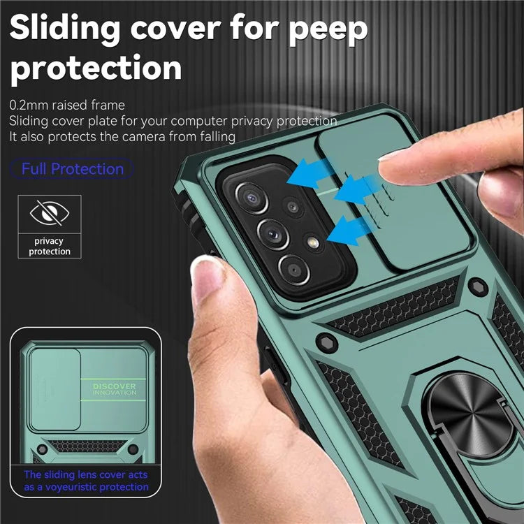For Samsung Galaxy A73 5G Case Ring Kickstand PC+TPU Phone Cover with Slide Lens Lid