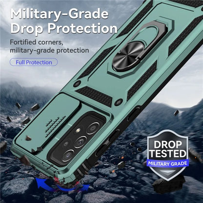For Samsung Galaxy A73 5G Case Ring Kickstand PC+TPU Phone Cover with Slide Lens Lid