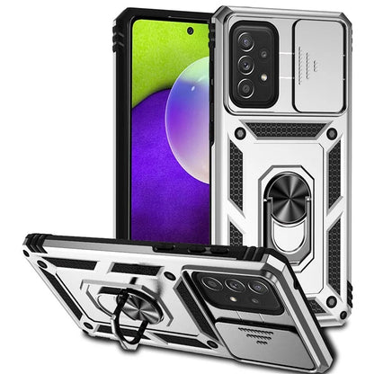 For Samsung Galaxy A73 5G Case Ring Kickstand PC+TPU Phone Cover with Slide Lens Lid