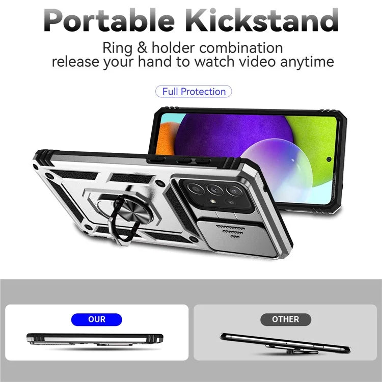 For Samsung Galaxy A73 5G Case Ring Kickstand PC+TPU Phone Cover with Slide Lens Lid