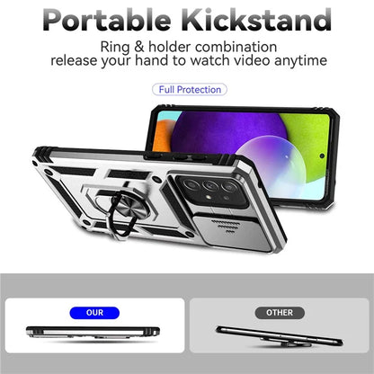 For Samsung Galaxy A73 5G Case Ring Kickstand PC+TPU Phone Cover with Slide Lens Lid