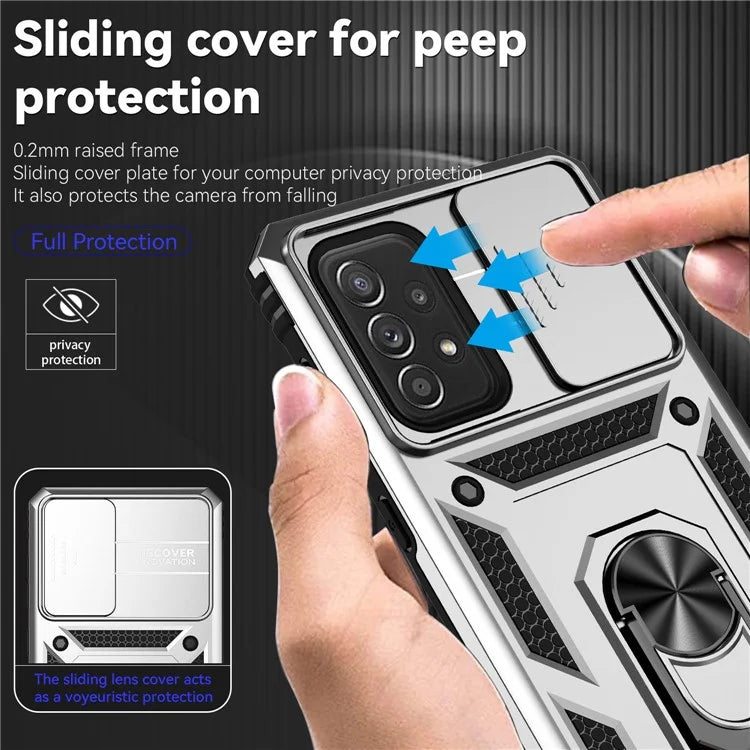 For Samsung Galaxy A73 5G Case Ring Kickstand PC+TPU Phone Cover with Slide Lens Lid