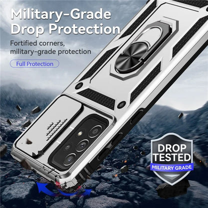 For Samsung Galaxy A73 5G Case Ring Kickstand PC+TPU Phone Cover with Slide Lens Lid