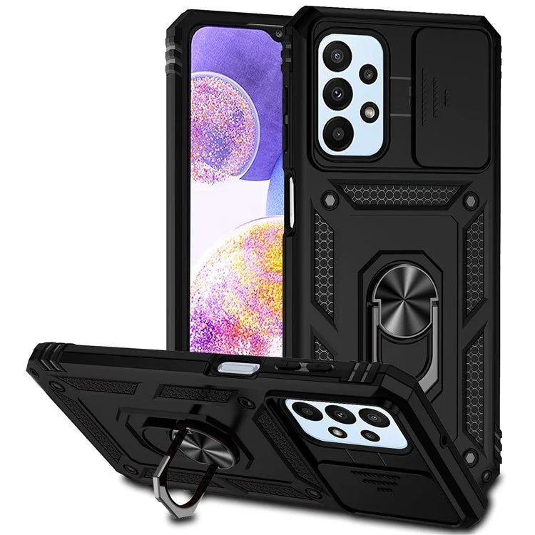 For Samsung Galaxy A23 4G / 5G Slide Camera Protector Phone Case Rotary Ring Kickstand PC + TPU Shell