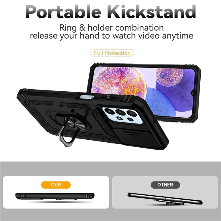 For Samsung Galaxy A23 4G / 5G Slide Camera Protector Phone Case Rotary Ring Kickstand PC + TPU Shell