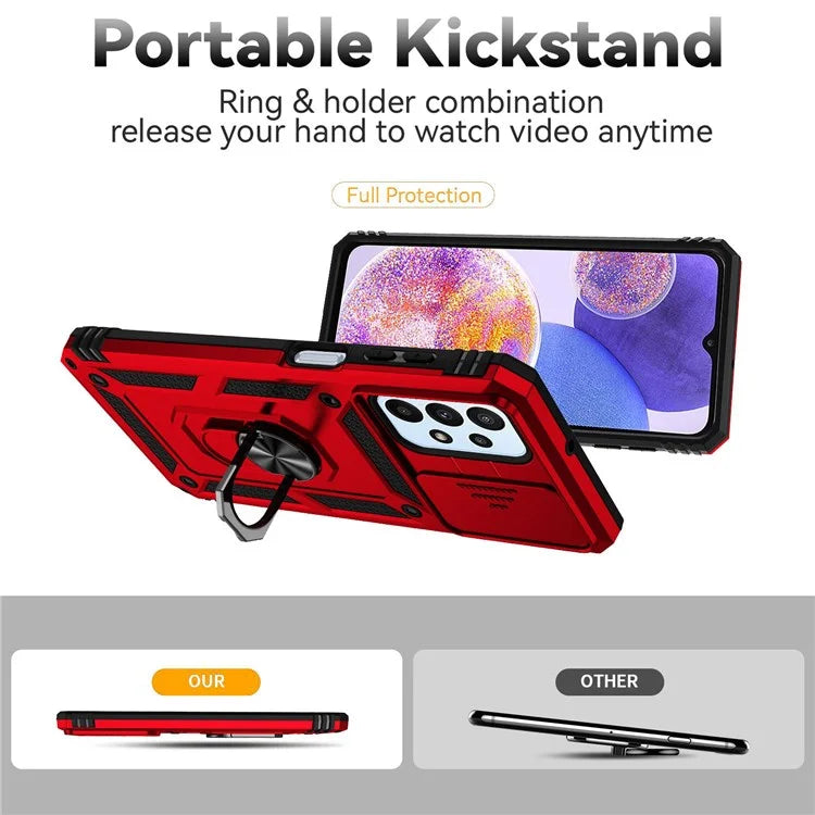 For Samsung Galaxy A23 4G / 5G Slide Camera Protector Phone Case Rotary Ring Kickstand PC + TPU Shell