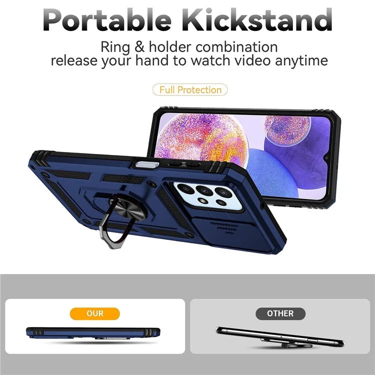 For Samsung Galaxy A23 4G / 5G Slide Camera Protector Phone Case Rotary Ring Kickstand PC + TPU Shell