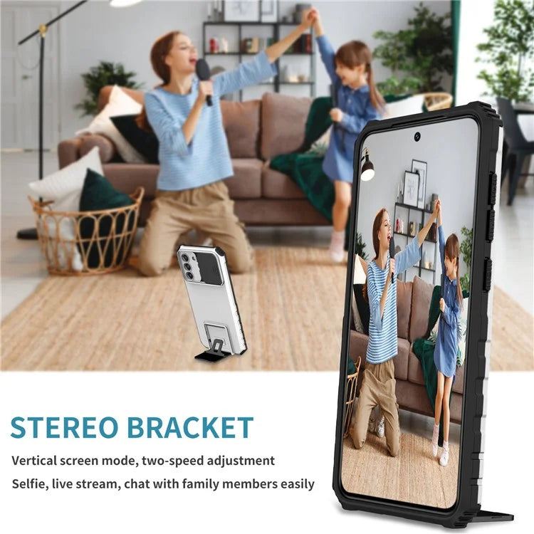 For Samsung Galaxy S22+ 5G Adjustable Vertical Kickstand Phone Case PC + TPU Hybrid Cover with Camera Slide Cover