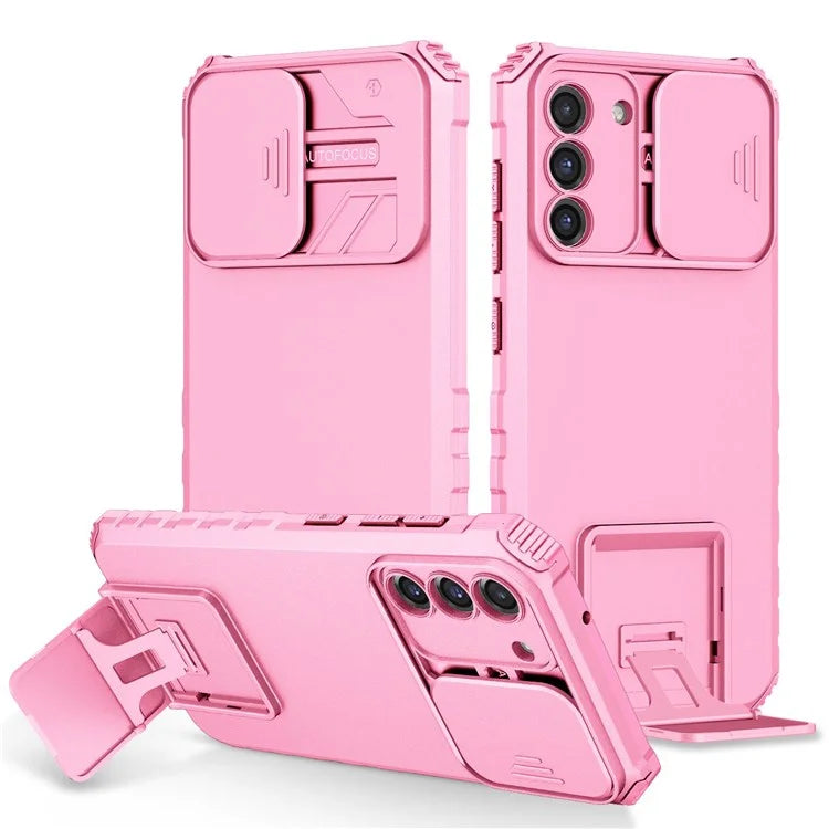 For Samsung Galaxy S22+ 5G Adjustable Vertical Kickstand Phone Case PC + TPU Hybrid Cover with Camera Slide Cover