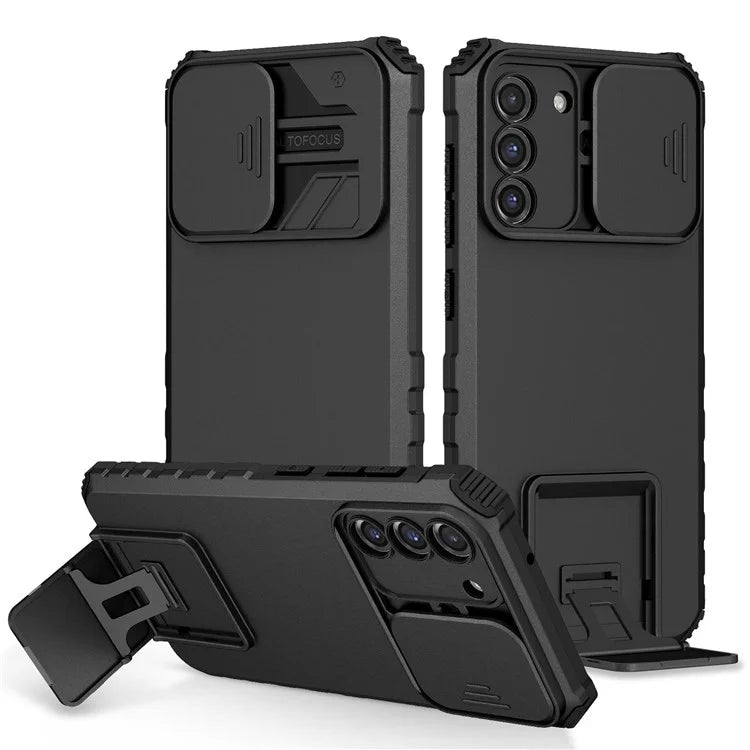 For Samsung Galaxy S22+ 5G Adjustable Vertical Kickstand Phone Case PC + TPU Hybrid Cover with Camera Slide Cover