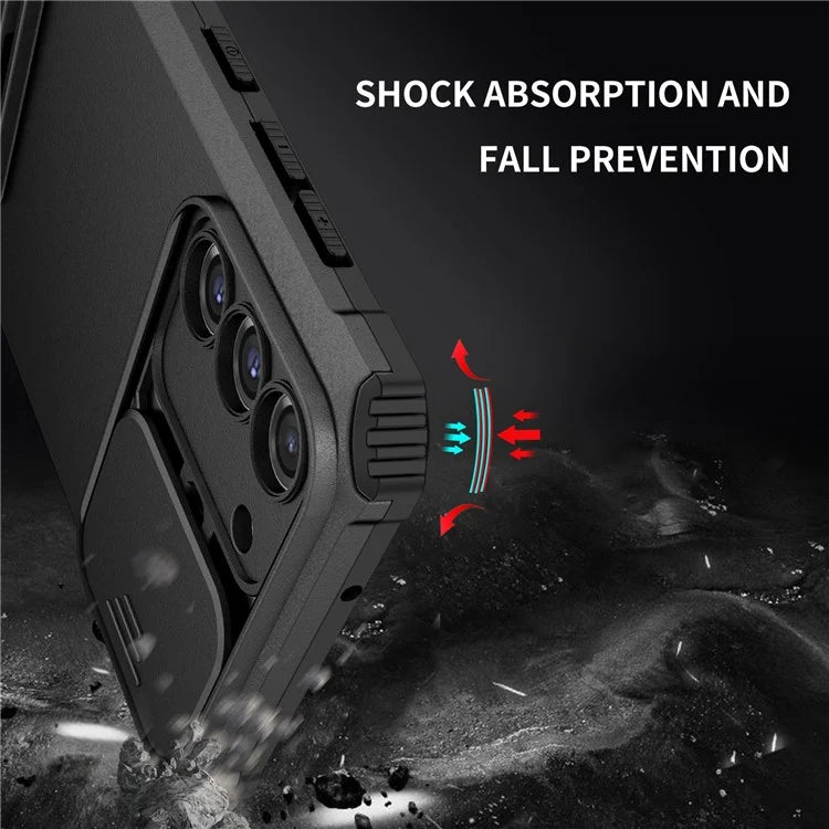 For Samsung Galaxy S22+ 5G Adjustable Vertical Kickstand Phone Case PC + TPU Hybrid Cover with Camera Slide Cover