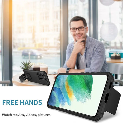 For Samsung Galaxy S22+ 5G Adjustable Vertical Kickstand Phone Case PC + TPU Hybrid Cover with Camera Slide Cover