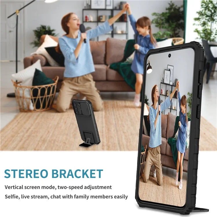 For Samsung Galaxy S22+ 5G Adjustable Vertical Kickstand Phone Case PC + TPU Hybrid Cover with Camera Slide Cover