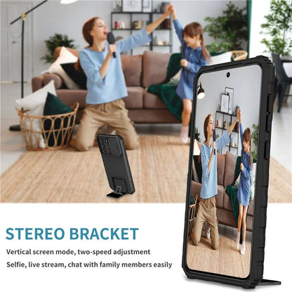 For Samsung Galaxy S22+ 5G Adjustable Vertical Kickstand Phone Case PC + TPU Hybrid Cover with Camera Slide Cover