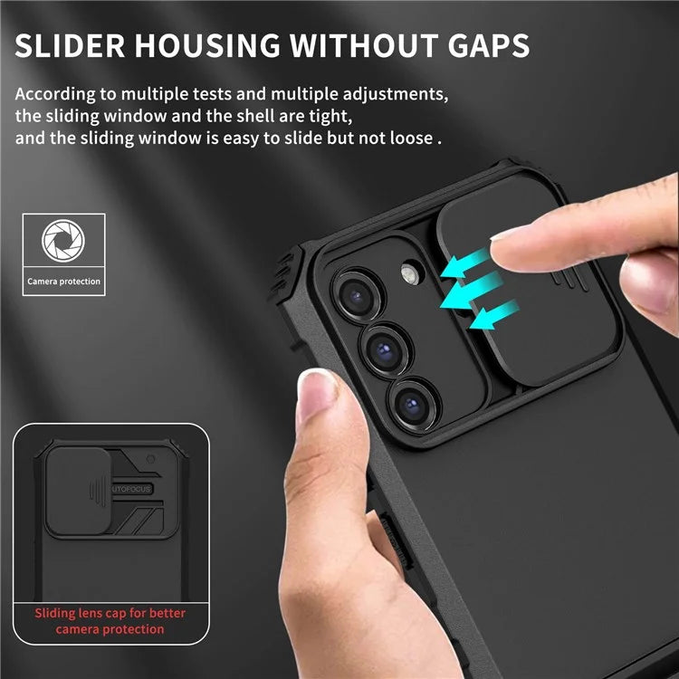 For Samsung Galaxy S22+ 5G Adjustable Vertical Kickstand Phone Case PC + TPU Hybrid Cover with Camera Slide Cover