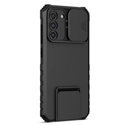 For Samsung Galaxy S22+ 5G Adjustable Vertical Kickstand Phone Case PC + TPU Hybrid Cover with Camera Slide Cover