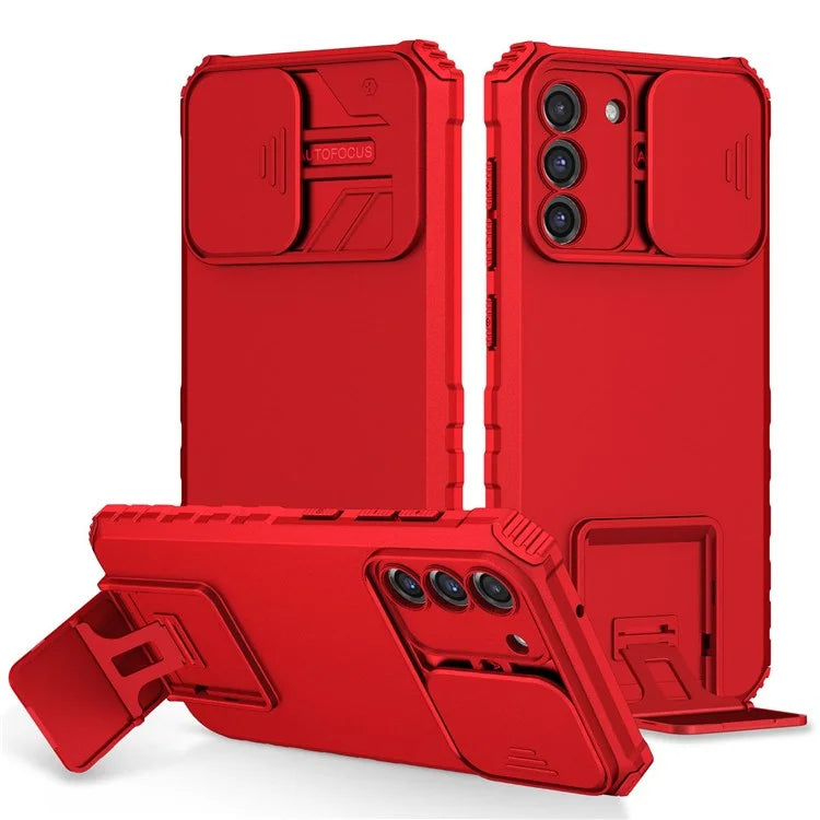 For Samsung Galaxy S22+ 5G Adjustable Vertical Kickstand Phone Case PC + TPU Hybrid Cover with Camera Slide Cover