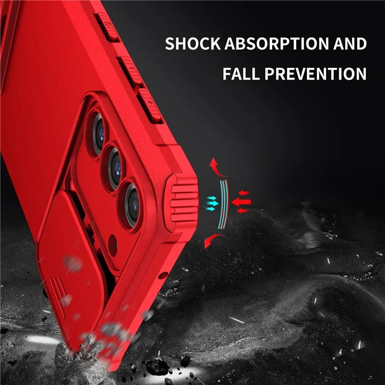 For Samsung Galaxy S22+ 5G Adjustable Vertical Kickstand Phone Case PC + TPU Hybrid Cover with Camera Slide Cover