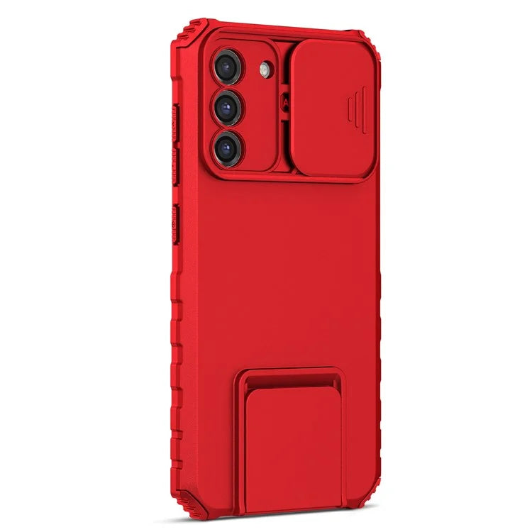 For Samsung Galaxy S22+ 5G Adjustable Vertical Kickstand Phone Case PC + TPU Hybrid Cover with Camera Slide Cover