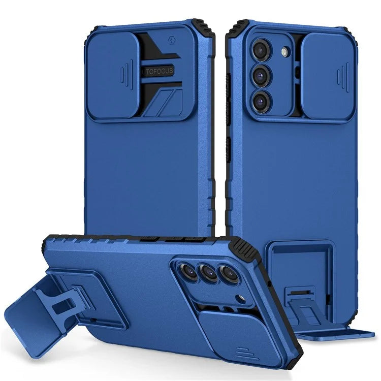 For Samsung Galaxy S22+ 5G Adjustable Vertical Kickstand Phone Case PC + TPU Hybrid Cover with Camera Slide Cover