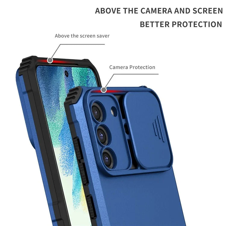 For Samsung Galaxy S22+ 5G Adjustable Vertical Kickstand Phone Case PC + TPU Hybrid Cover with Camera Slide Cover