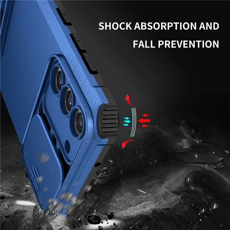 For Samsung Galaxy S22+ 5G Adjustable Vertical Kickstand Phone Case PC + TPU Hybrid Cover with Camera Slide Cover