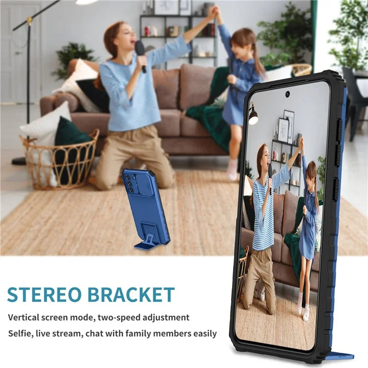 For Samsung Galaxy S22+ 5G Adjustable Vertical Kickstand Phone Case PC + TPU Hybrid Cover with Camera Slide Cover